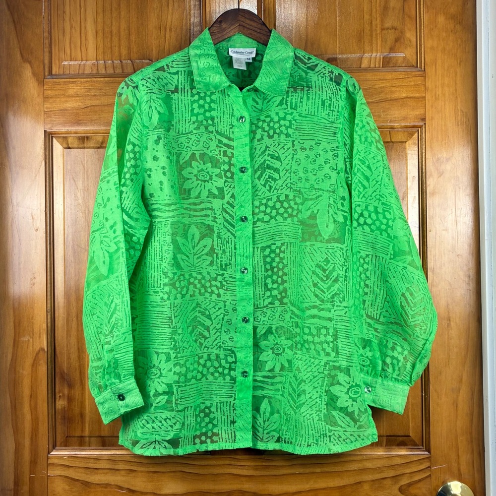 Coldwater Creek Green Burnout Blouse Size M Floral Leaf Button Up Sheer